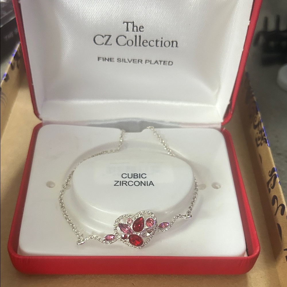 CZ COLLECTION Silver Plated Heart Design Bracelet with Red and Pink Stones